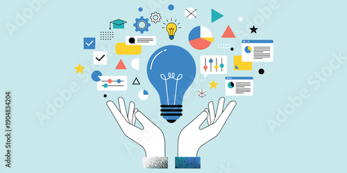 Innovation knowledge illustration, creative idea development artwork, education learning tribute, data analysis graphic, problem-solving design concep flat vector illustration