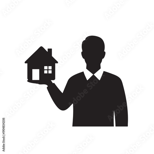 Silhouette of man holding a house icon on an open palm. Symbolizes homeownership, real estate agent, housing market, property investment. isolated vector illustration.