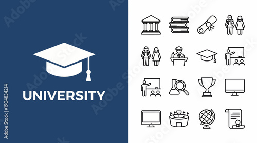 University Education Vector Icons Set | Graduation Cap, Diploma, Professor, Classroom, Research, Trophy, Globe, Certificate, Calendar, Light Bulb, Academic Building, Laptop Learning Vector