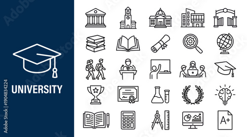 University Education Vector Icons Set | Graduation Cap, Diploma, Professor, Classroom, Research, Trophy, Globe, Certificate, Calendar, Light Bulb, Academic Building, Laptop Learning Vector