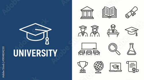 University Education Vector Icons Set | Graduation Cap, Diploma, Professor, Classroom, Research, Trophy, Globe, Certificate, Calendar, Light Bulb, Academic Building, Laptop Learning Vector