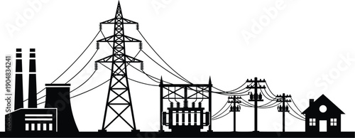 Electrical power transmission and distribution silhouette, energy infrastructure theme, black vector illustration of generation, towers, substations, and residential electricity supply