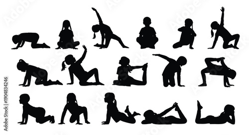 Children performing various yoga poses on a white background in silhouette