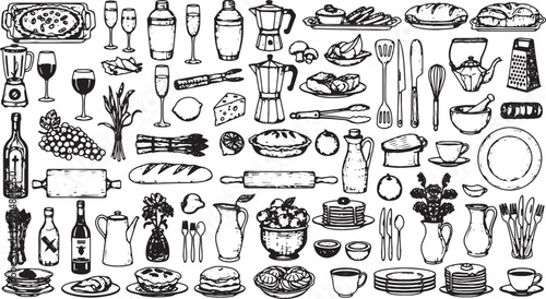 collection of kitchen and dining items and food
