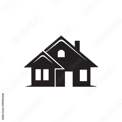 Black silhouette of a house with a chimney and multiple windows and doors. Simple residential dwelling design. vector graphic illustration.