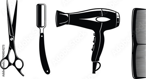 Hairdressing tools silhouette including scissors, razor, hair dryer, and comb, grooming and beauty theme, black vector illustration of styling