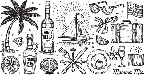 Italian summer vacation and travel  wine food beach and sailing