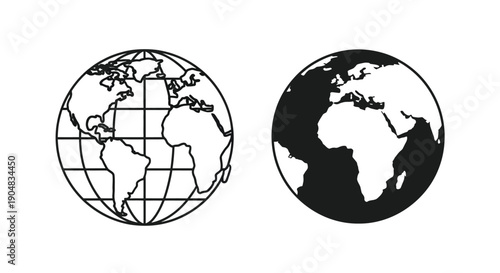 Simple black and white illustrations of the earth from different perspectives