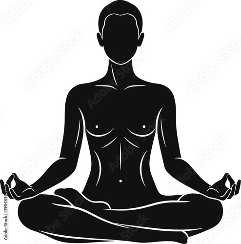 Silhouette of person meditating cross-legged with mudra gesture, mindfulness and yoga theme, black vector illustration of inner peace practice