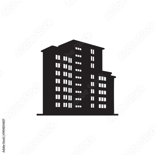 Black silhouette of modern apartment building with multiple floors and windows representing urban living and housing complex
