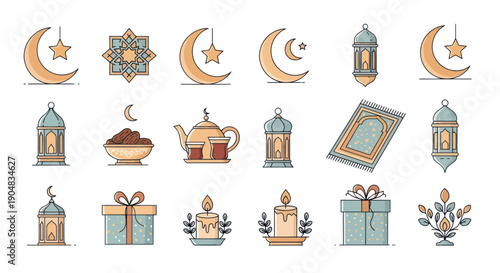 Ramadan Kareem Icons: Moon, Lanterns, Prayer Mat, Dates, Tea, Gifts, Candle, Islamic Art