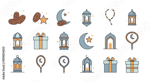 Ramadan Icons: Dates, Lanterns, Moon, Gift Boxes, Prayer Beads - Islamic Symbols
