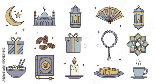 Islamic Icons Collection: Ramadan Kareem Symbols, Mosque, Crescent Moon, Dates, Lanterns, Gifts