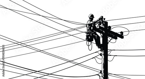 Utility worker repairing power lines on pole silhouette, energy and infrastructure theme, black vector illustration of electrical maintenance work