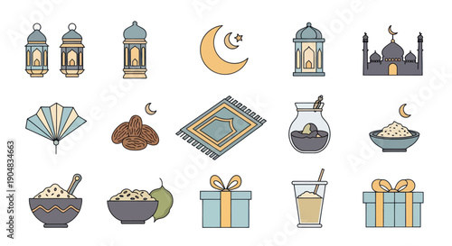 Ramadan Icons Set: Lanterns, Crescent Moon, Mosque, Prayer Mat, Dates, Food, Gifts