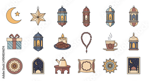 Ramadan Islamic Icons Set: Lanterns, Crescent Moon, Star, Prayer Beads, Dates, Gift