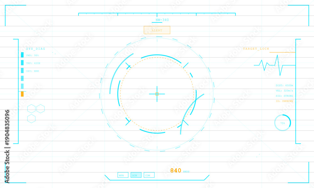 Obraz premium This abstract technical illustration displays a central cyan crosshair surrounded by dashed orange circles and light blue arcs. Horizontal gray lines cross the white background.