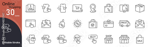 Online Shopping related icon collections. Containing Online, Shopping, Cart, Purchase, E-commerce, Delivery, Payment, Discount, Store, and Product icons. Editable Stroke icon.