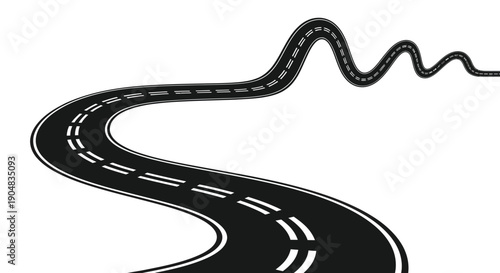 Winding road with white markings on black asphalt against a plain white background