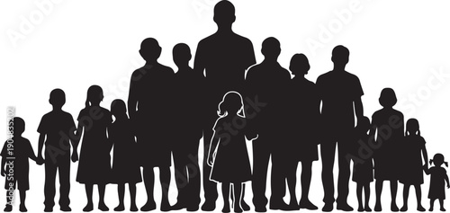 Silhouette of a large family standing together in unity