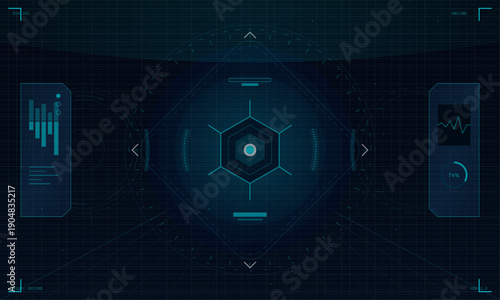 A futuristic digital head-up display interface featuring a central hexagonal target, circular data elements, bar graphs, and a waveform on a dark blue grid background.