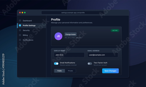 A modern dark mode user interface design for a profile settings page featuring navigation links user information fields toggle switches and a save changes button on a dark background.