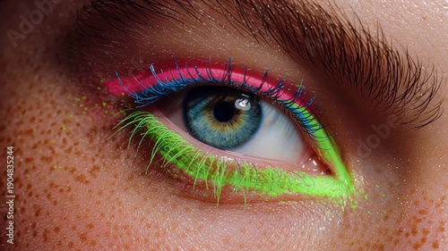 Close up of a woman eye makeup with neon and fluor tones 