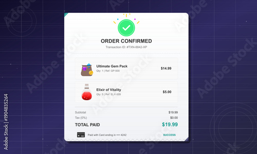 A digital order confirmation screen for a video game purchase showing a transaction for a gem pack and vitality elixirs with a total price of nineteen dollars and ninety-nine cents.