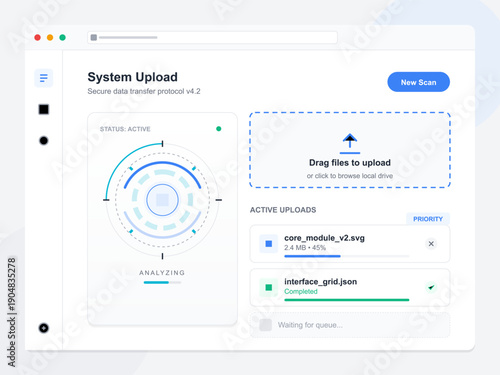 A clean user interface dashboard for a system upload application showing file transfer progress, an active analysis graphic, and a drag and drop area for secure data management.