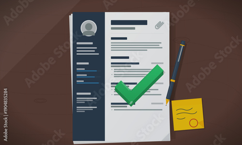 An illustration of a professional resume document on a wooden desk featuring a large green checkmark, a blue pen, a paperclip, and a yellow sticky note with a red seal.