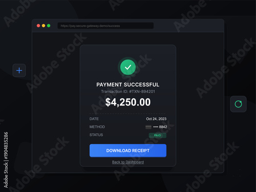 A digital user interface showing a successful payment confirmation screen with a green checkmark, transaction details, and a download receipt button in a dark mode theme.