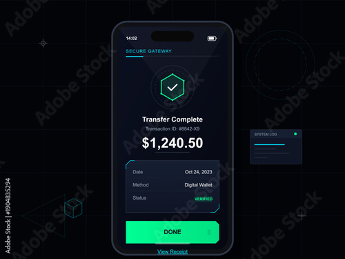 A mobile application interface displays a successful digital wallet transfer of one thousand two hundred forty dollars on a dark futuristic background with green accents.
