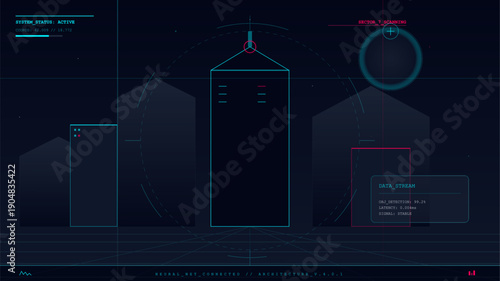This futuristic digital interface shows a system status with geometric shapes and technical data overlays. The dark blue background features cyan lines and red accents for monitoring.