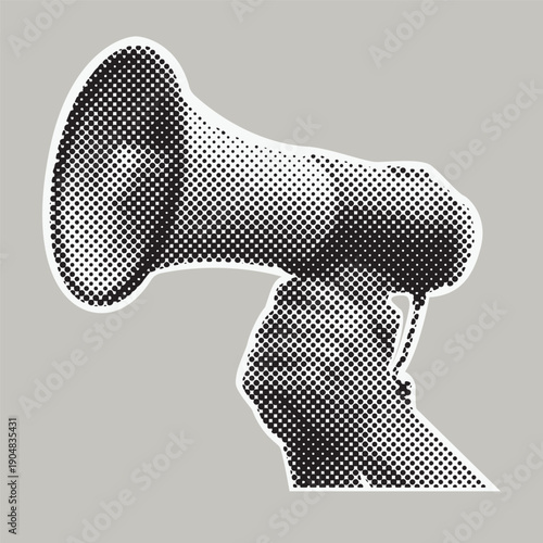 Halftone Collage Hand Holding Megaphone Victor Illustration
