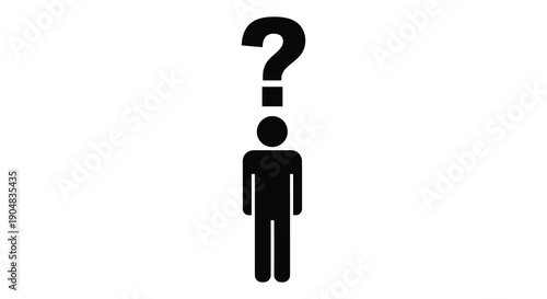 A simple black silhouette of a person is positioned beneath a question mark representing uncertainty high quality professional