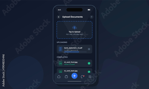 A mobile application interface showing a document upload screen in dark mode. It features a progress bar for an ongoing upload and a list of completed file uploads with checkmarks.