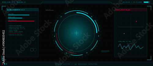 A futuristic digital interface displays system diagnostics, a central circular radar, and a threat detection map with data visualizations in cyan and red on a dark background.