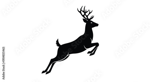 Majestic black silhouette of deer leaping with large antlers on white background