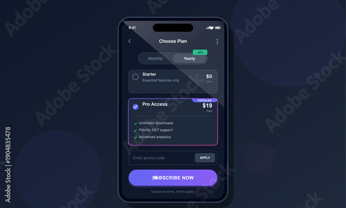 A mobile application interface shows a pricing page with monthly and yearly subscription options. The dark theme design includes a pro access plan with features and a purple subscribe button.