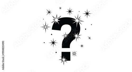 A large black question mark is prominently displayed against a white background surrounded by sparkling starbursts high quality
