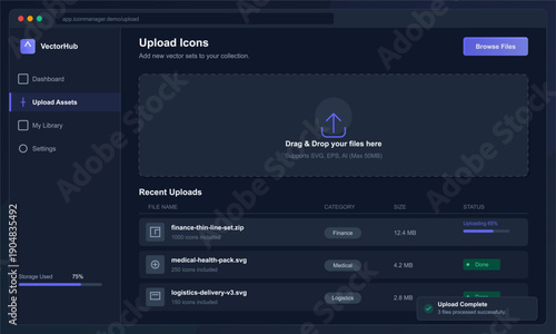 A dark mode user interface for a digital asset management platform showing an icon upload dashboard with a drag and drop area and a list of recently uploaded vector files.
