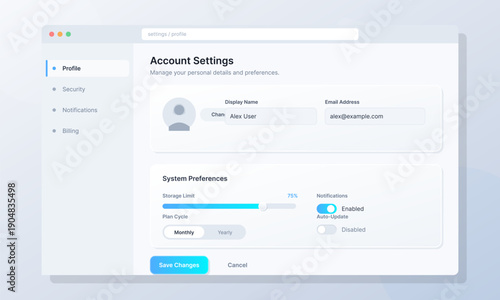 A clean user interface design for an account settings page featuring profile details, system preferences, storage limit indicators and notification toggles in a web browser window.