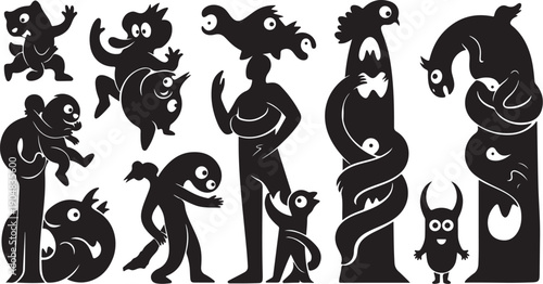 Monsters and creatures in black silhouette vector illustration set