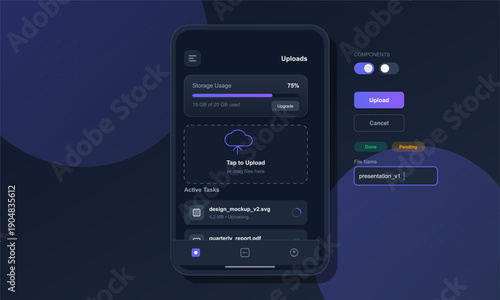 A dark mode mobile application interface for managing file uploads, featuring storage usage statistics, a drag-and-drop upload area, active task lists, and various user interface components.