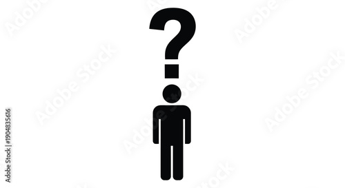 A simple black silhouette depicts a person under a question mark representing uncertainty and inquiry high quality professional