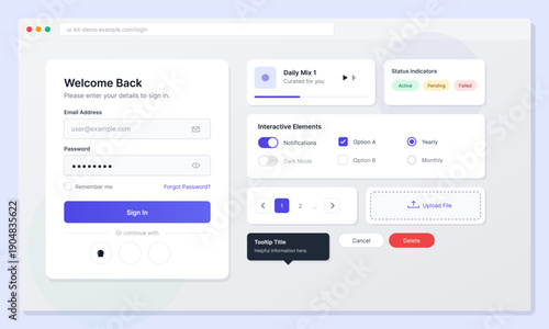 This digital interface kit showcases a modern login page alongside various web components like status badges, toggle switches, checkboxes, and a file upload area in a clean layout.
