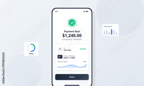 This digital illustration shows a smartphone screen with a payment sent confirmation message, transaction details, and financial management widgets on a clean background.