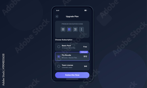 This mobile app user interface displays a subscription upgrade screen with various pricing tiers for premium icons, featuring a dark theme and a prominent call to action button.