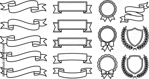 Vintage collection of heraldic shields and symbols featuring gold ribbons and vector scroll banners for a blank retro label design