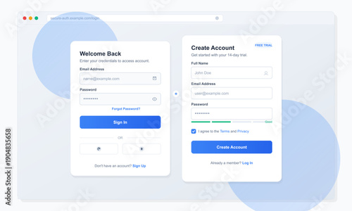 This digital illustration shows a modern user interface for a website featuring both login and registration forms with input fields and blue buttons on a light gray background.